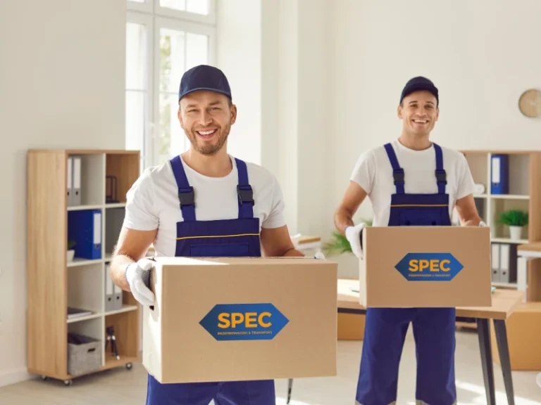 pracownicy firmy przeprowadzkowej SPEC niosący kartony